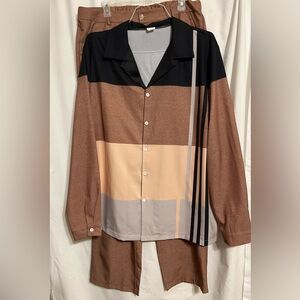 Men’s two piece walking suit.  brown tan, and black. size XL